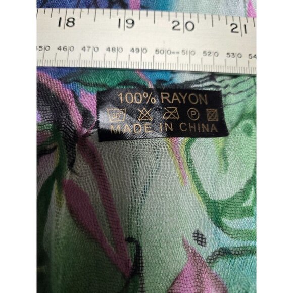 Hand-Painted Rayon Scarf Butterfly & Floral Design Green & Blue 60" x 22" - Picture 6 of 6